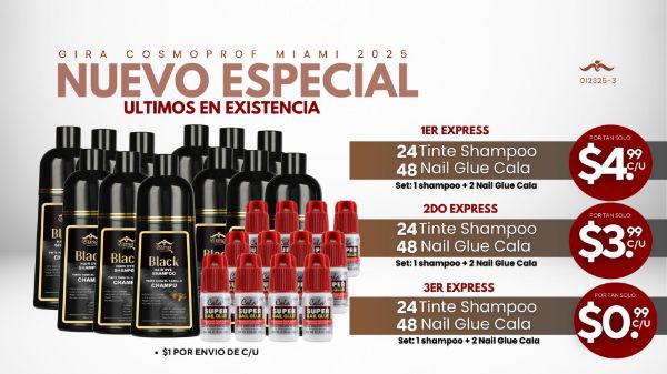 Imagen de Promocion 012325-3 (1 E): 24 Shampoo con Tinte por $4.99 cada uno + 48 Nail Glue GRATIS (Primer Express)