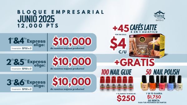 Imagen de Promocion 061725-2 (6 E): Incentivo Doble Bloque Junio 2025 (45 Cafe  $4 C/U + 100 Nail Glue + 50 Nail Polish)