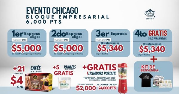Imagen de Promo 060525-1 060425-1 (3 E): Incentivo Bloque Chicago (21 Cafe a $4 C/U+ 5 Painless Gratis + 1 Licuadora Gratis + 1 Kit de Bienvenida)