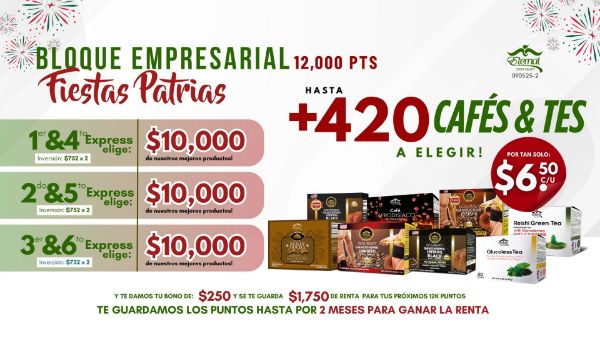Imagen de Promocion 090525-2 (6 E): Incentivo Doble Bloque Empresarial Fiestas Patrias (420 Cafe o Te a Escoger x $6.5 c/u)